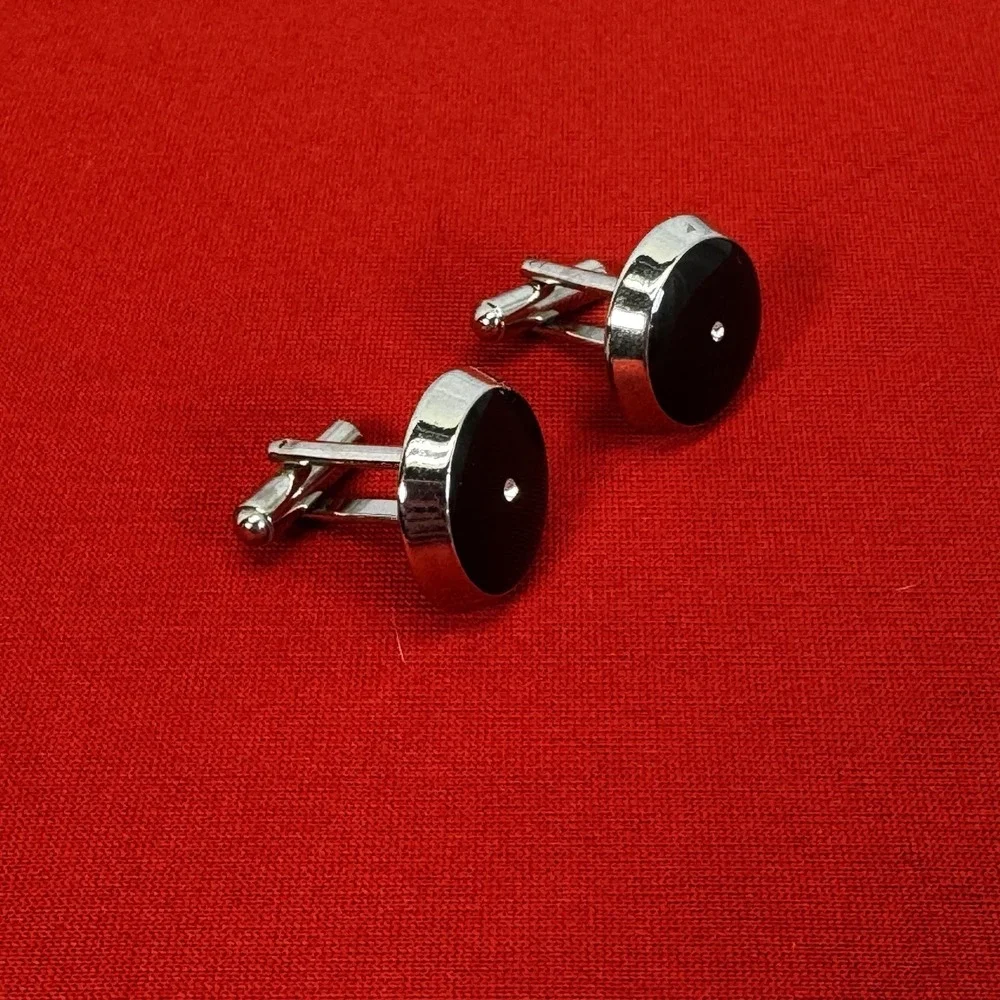 Vintage Men's Black Enamel Round Cufflinks With Faux‎ Diamonds